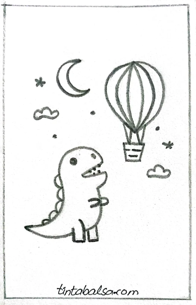 "Curious dinosaur gazing at a hot air balloon floating among stars and clouds, showcasing wonder and imagination."

