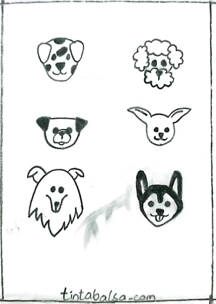 Drawings showcasing different dog breeds with unique features like fur patterns, ear shapes, and snouts.