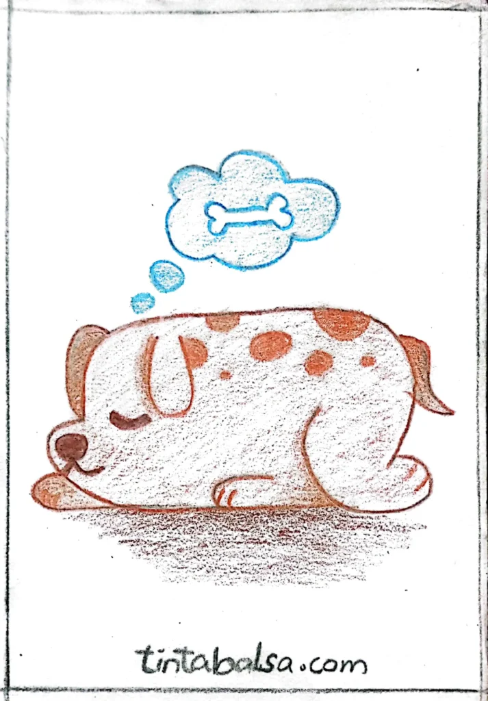 A cute drawing of a dog lying down with a thought bubble showing a bone or other treats.