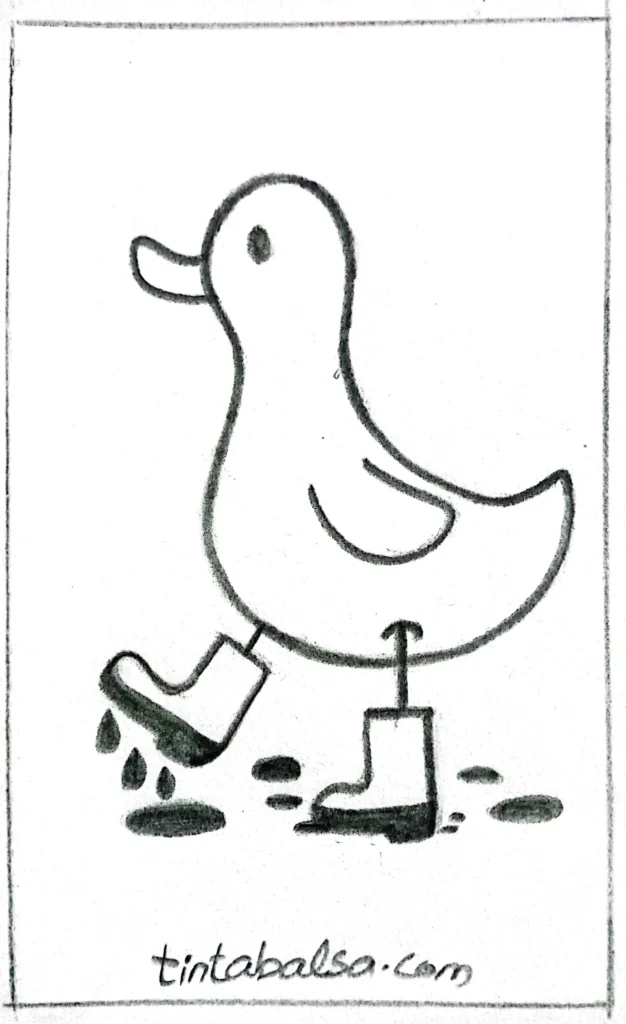 A cheerful duck wearing colourful rain boots, ready for a wet adventure in a rainy setting.