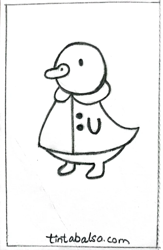 A duck in a bright yellow raincoat walking happily in the rain with puddles around.