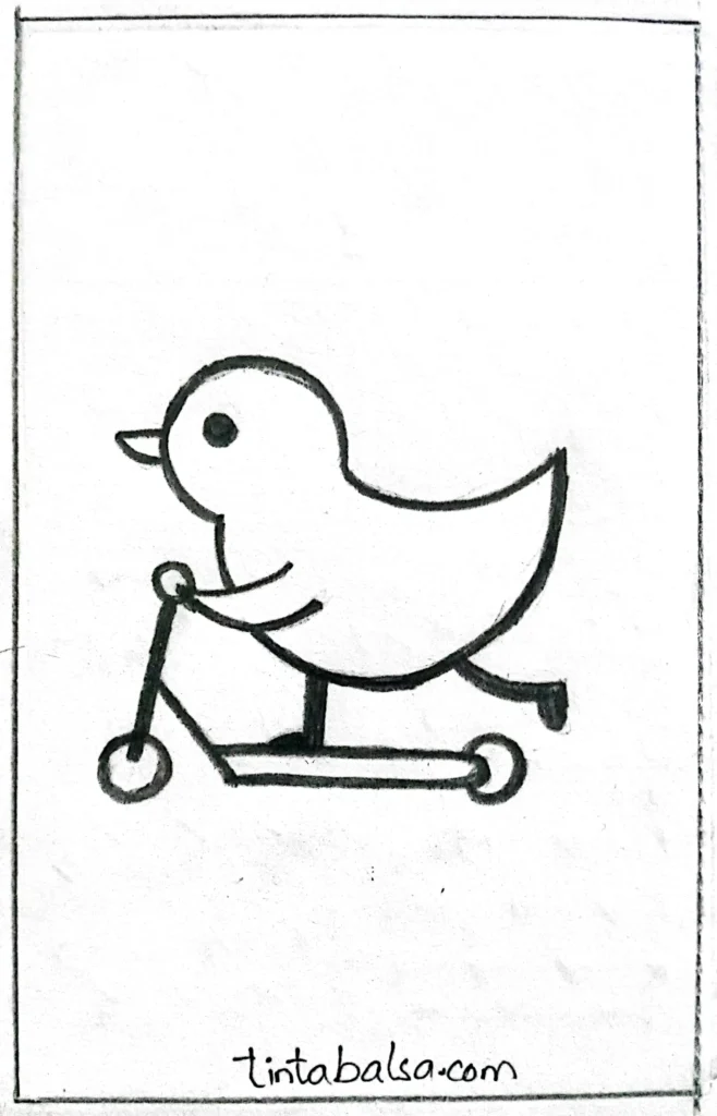 A cheerful yellow duck riding a blue scooter on a sunny day, with feathers fluttering in the breeze.