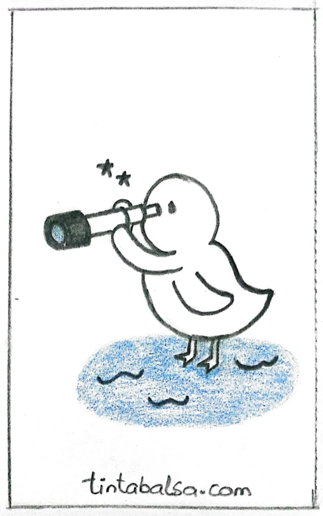 A curious duck using a telescope to gaze at the starry night sky near a calm pond.