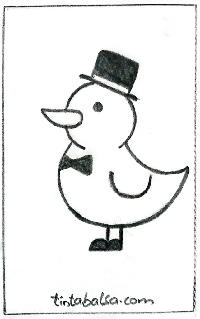 A distinguished duck in a black top hat, standing elegantly in a green countryside.