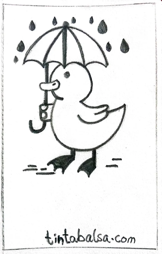 A duck holding a multicoloured umbrella, shielding itself from falling raindrops in a cheerful scene.