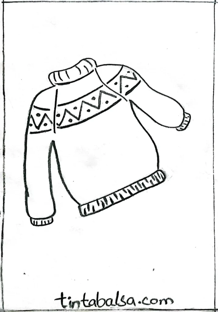 A sketch of a cosy jumper with geometric patterns and a scarf, showcasing warm and comforting autumn clothing styles.