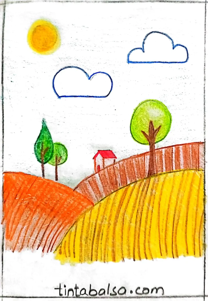 Drawing of a countryside scene with rolling hills, rows of crops, trees, and a small house, showcasing parallel lines and textures.