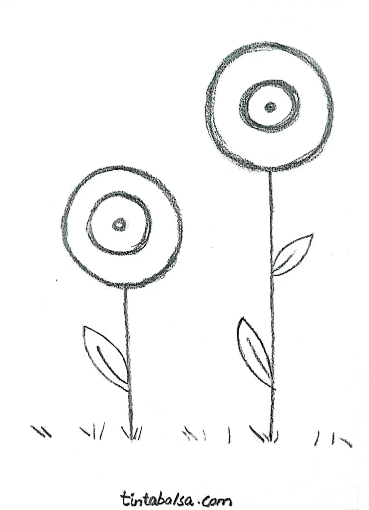 A collection of simple flowers, each with a circular centre and petals in varying shapes and sizes, drawn with fine lines to resemble a spring meadow.