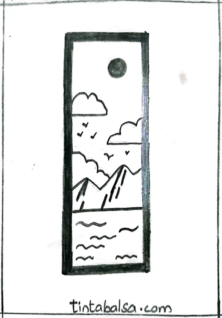 Sketch of a framed landscape enclosed in a geometric shape, highlighting a small natural scene.