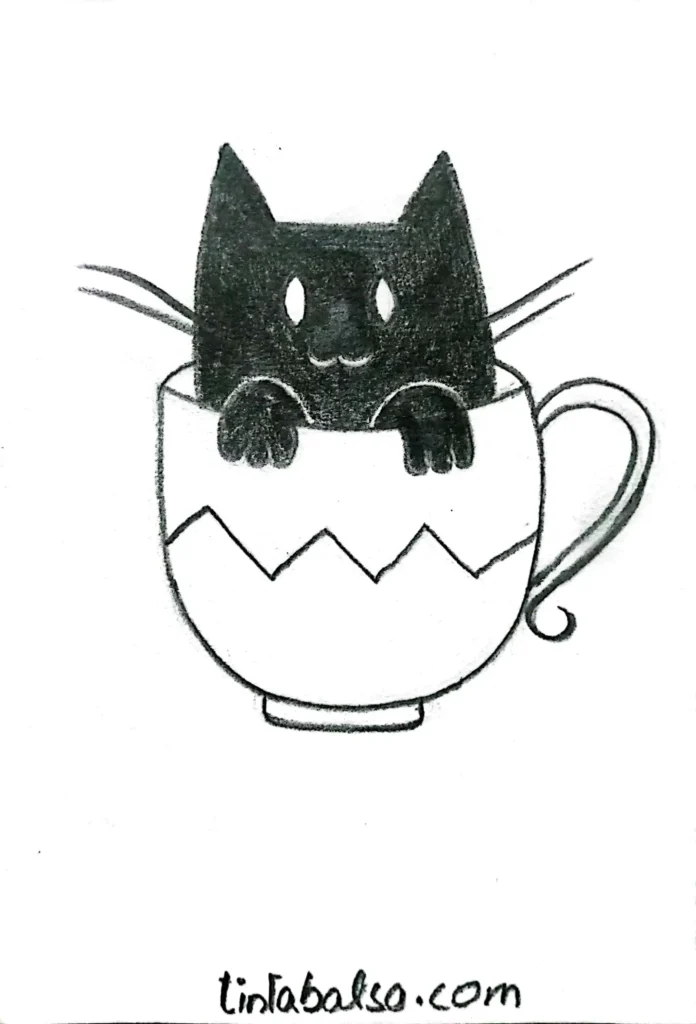 Kawaii cat drawing peeking out of a teacup, with fluffy fur and wide, curious eyes adding to the cuteness.