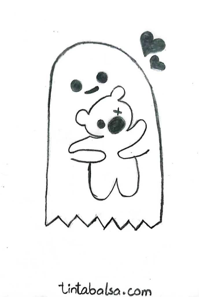 A kawaii-style ghost holding a teddy bear, adding sweetness to the spooky theme.