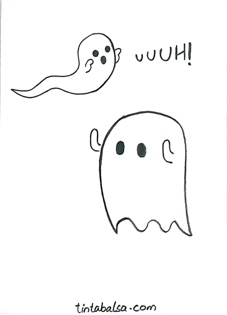 A simple drawing of a classic ghost with a white sheet and dark eyes, offering an adorable and easy-to-create look.
