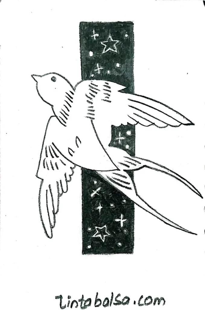 A simple, elegant sketch of a swallow in flight, showcasing its silhouette and symbolising freedom in a minimal aesthetic drawing.