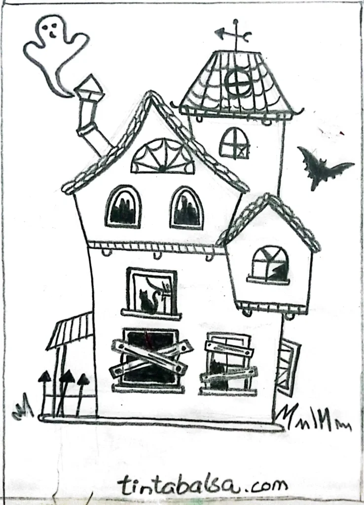 A crooked haunted house with broken windows, planks, and eerie details for a chilling vibe.