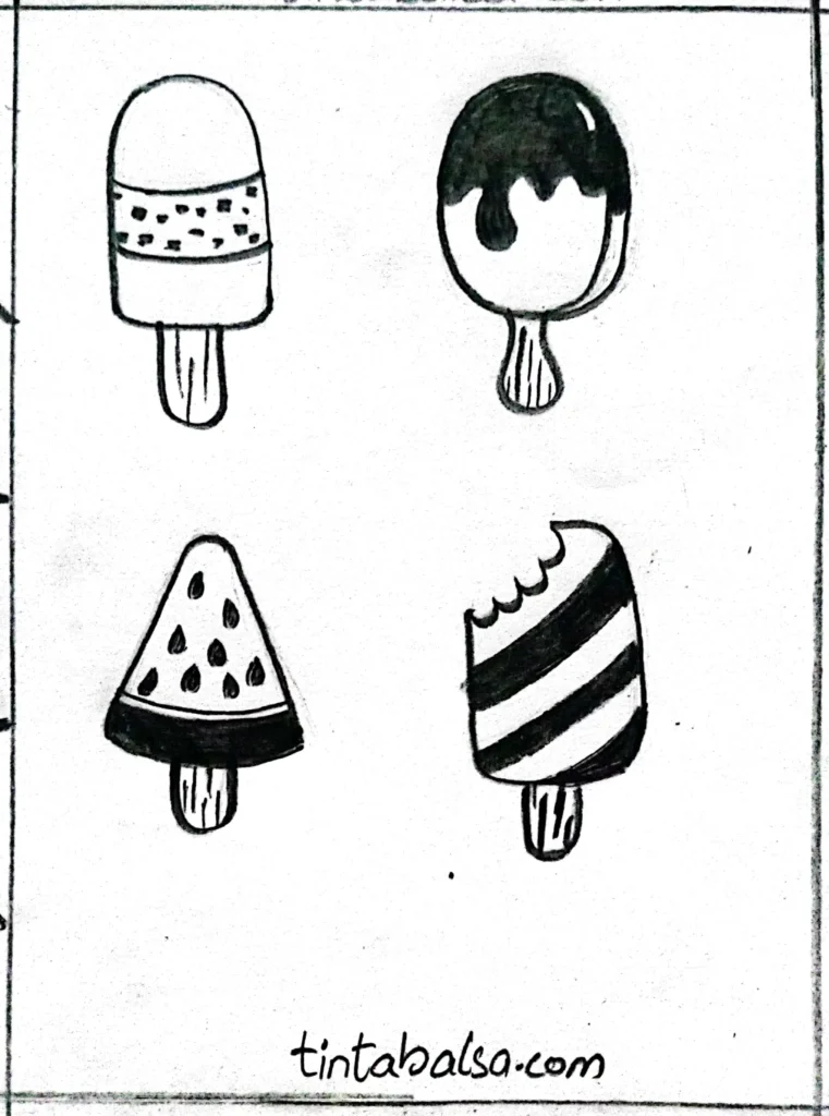 Illustration of creative ice creams with simple shapes like ovals and sticks, decorated with stripes, swirls, and chocolate coating, coloured in bright summer tones.