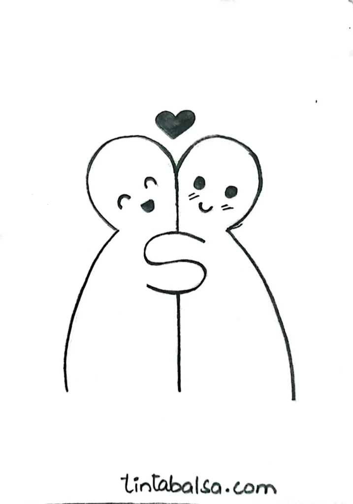 Adorable drawing of two kawaii characters sharing a hug, with smiling faces and simple body shapes that capture a heartwarming moment.