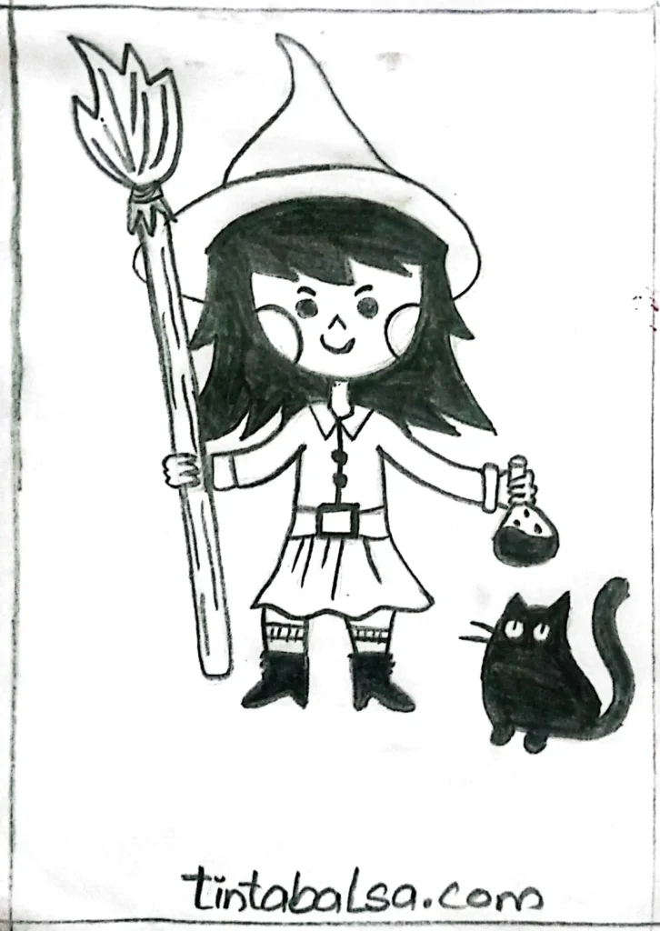 A cartoon witch with a big head, large eyes, and a cute expression, perfect for a fun Halloween drawing.