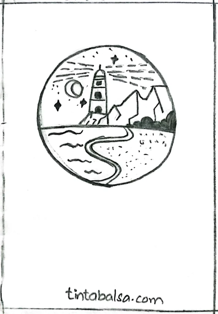 Illustration of a lighthouse framed within a circular shape, focusing on the coastal landscape.