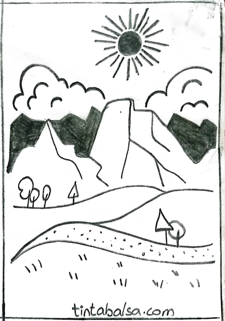 Simple drawing of mountains using triangular shapes, with added details for depth and character.