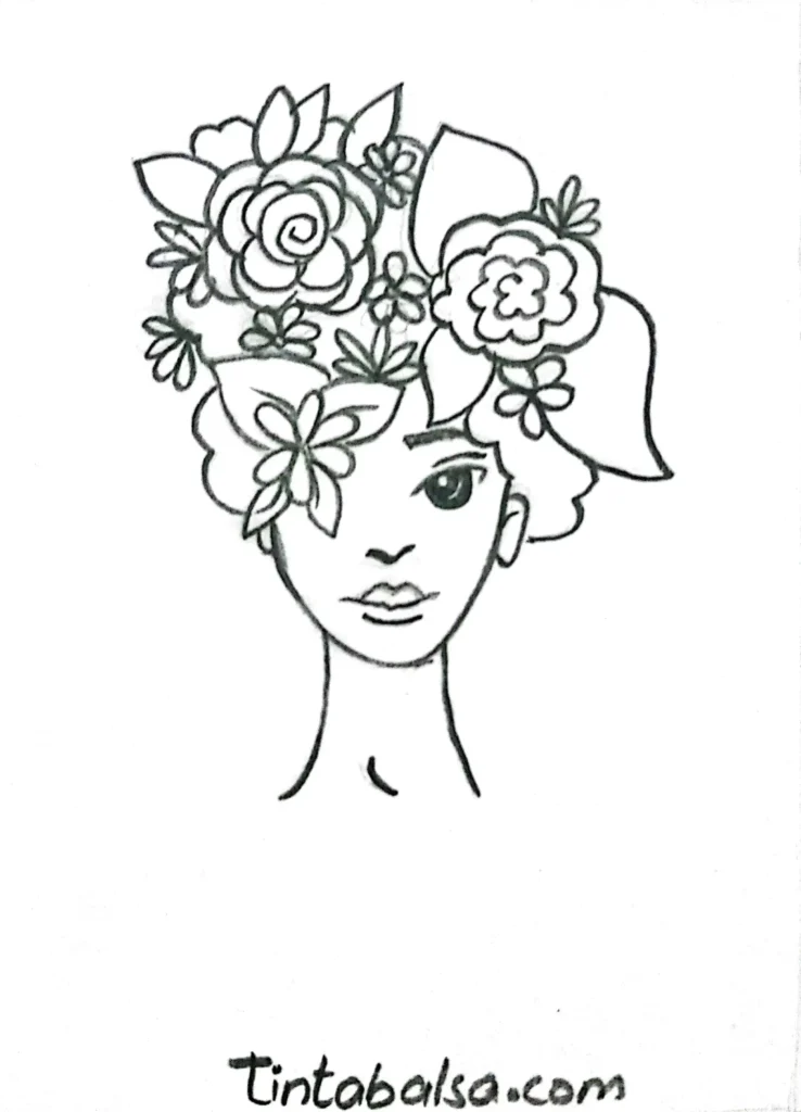A creative portrait of a woman, where her face and hair are replaced with intricate floral patterns.