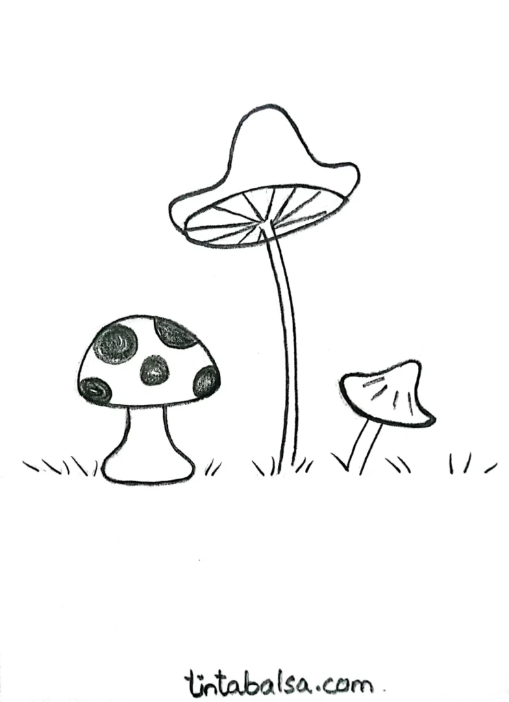 A charming drawing of mushrooms with round shapes and whimsical details like a small creature sitting on top, perfect for autumn themes.