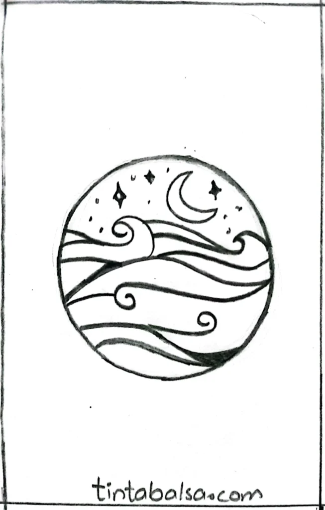 Sketch of the ocean at night with spiraling waves, a magical touch, and a starry sky.