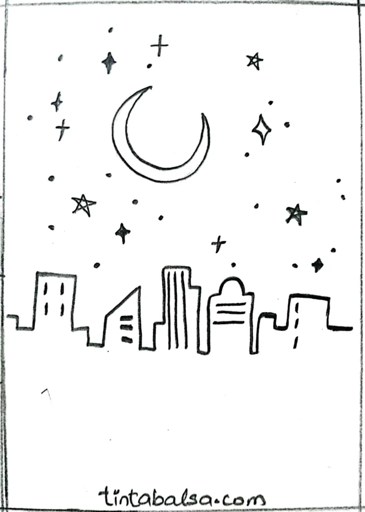 Sketch of a city skyline at night, featuring illuminated buildings and a starry sky