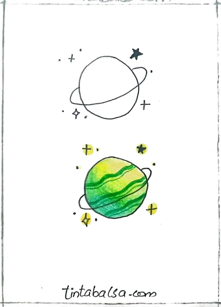 A colourful planet with rings and craters, showcasing imagination and creativity.