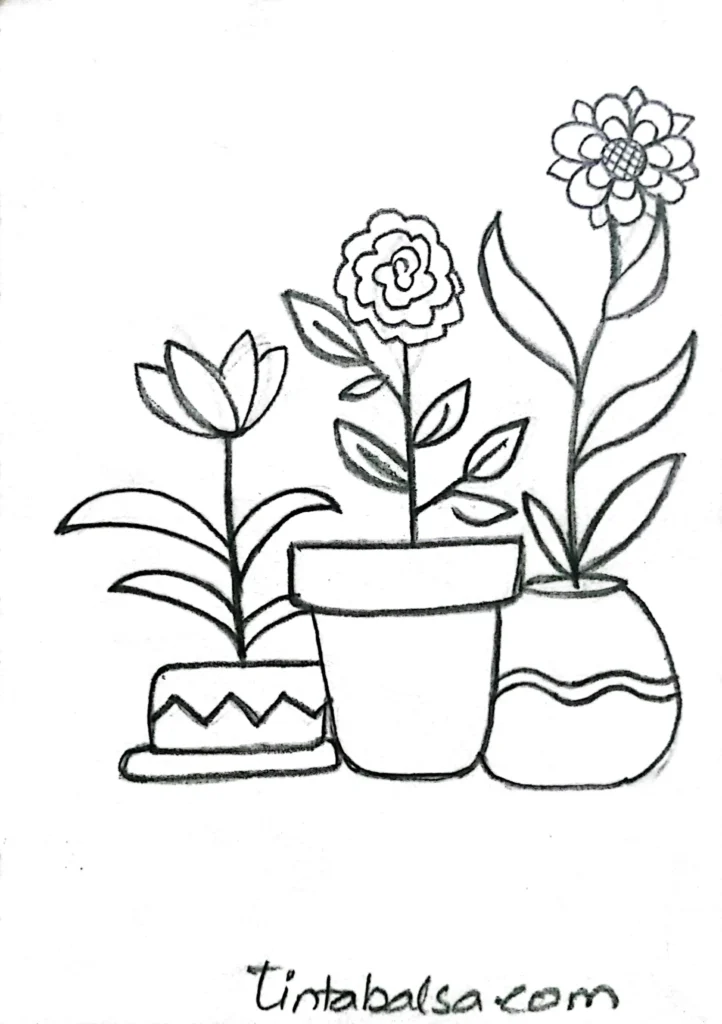 Simple sketches of potted plants with slender stems, broad leaves, and decorative pots, adding a natural touch.