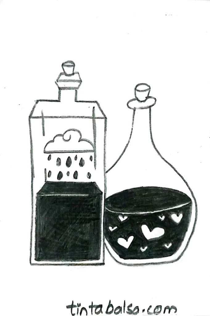 An artistic sketch of a potion bottle filled with a starry night sky, blending magical and aesthetic elements in a captivating design.