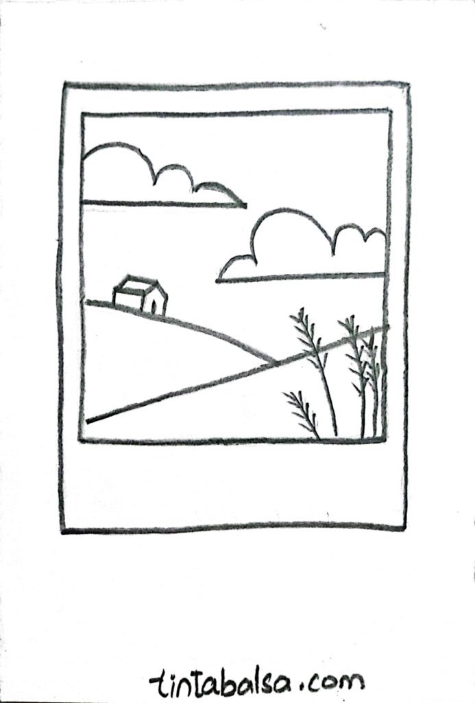 A set of hand-drawn Polaroid frames featuring surreal images, like a daytime starry sky or floating buildings, Clouds, A house from distance, adding a creative touch to aesthetic art.