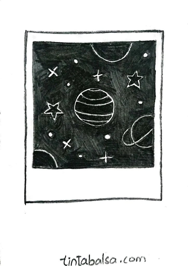 A set of hand-drawn Polaroid frames featuring surreal images, like a daytime starry sky or floating buildings, adding a creative touch to aesthetic art.