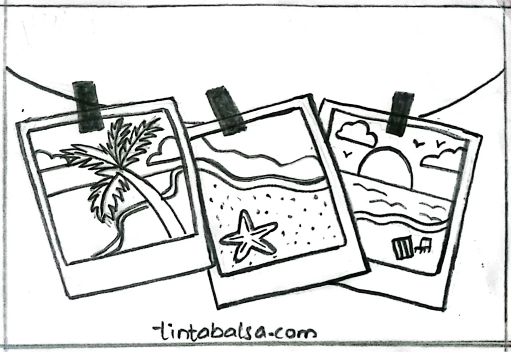 Sketch of Polaroid-style frames capturing summer moments like landscapes, people, or activities, with bright and nostalgic colours.