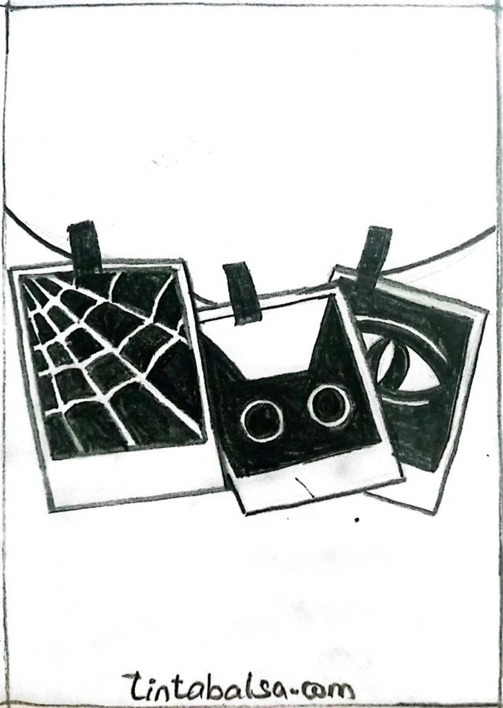 Halloween-themed drawings framed in retro Polaroid styles, creating a spooky story in a creative format.