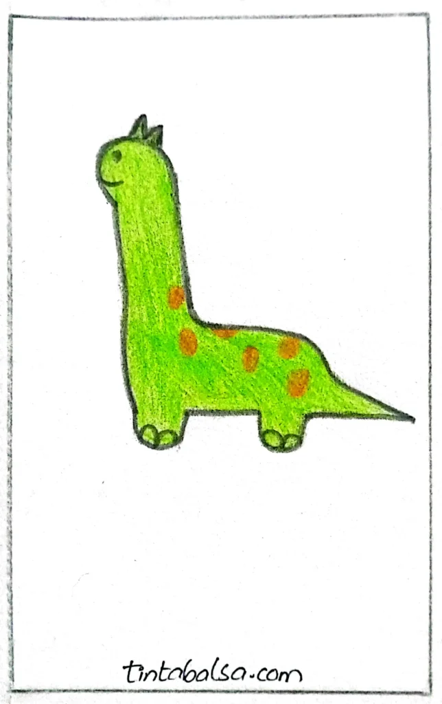 "Green dinosaur with orange polka dots, standing upright with a long neck and tail, exuding a friendly vibe."

