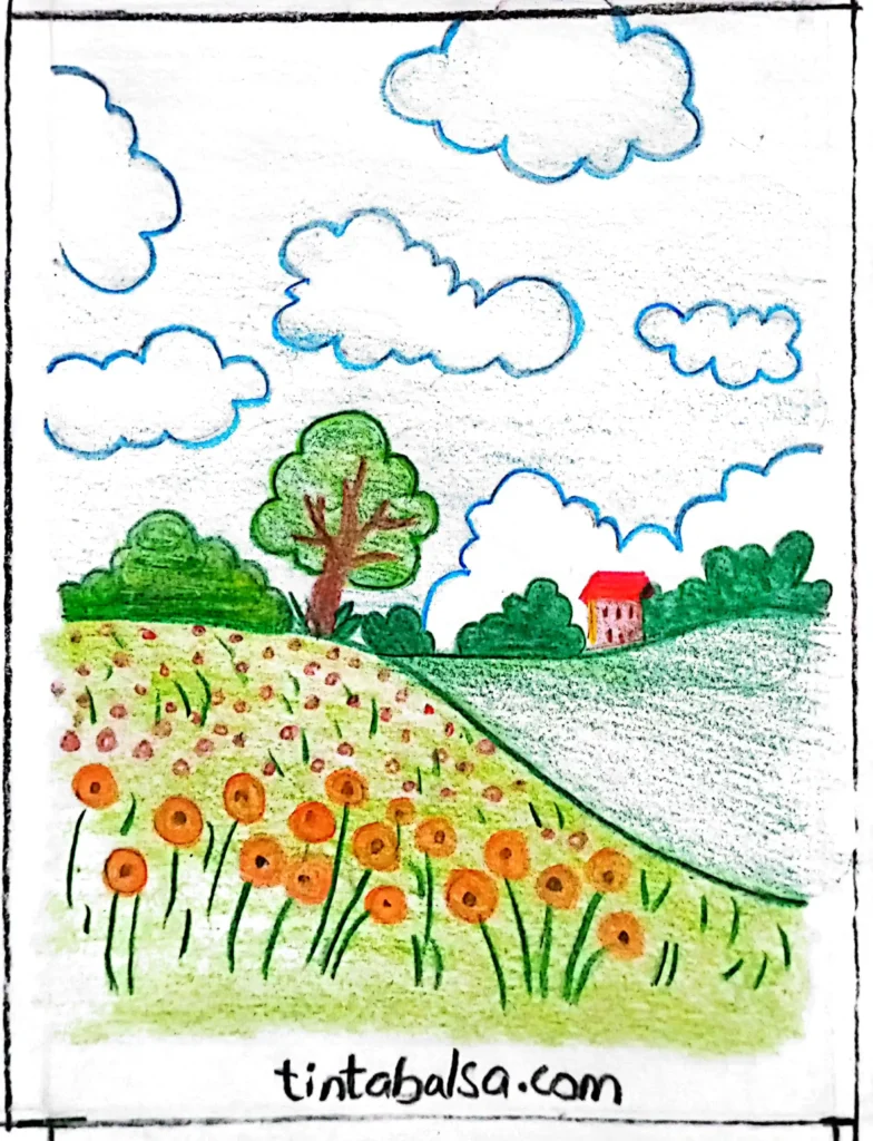 Drawing of a poppy field inspired by Monet’s paintings, with vibrant flowers and a soft natural background.