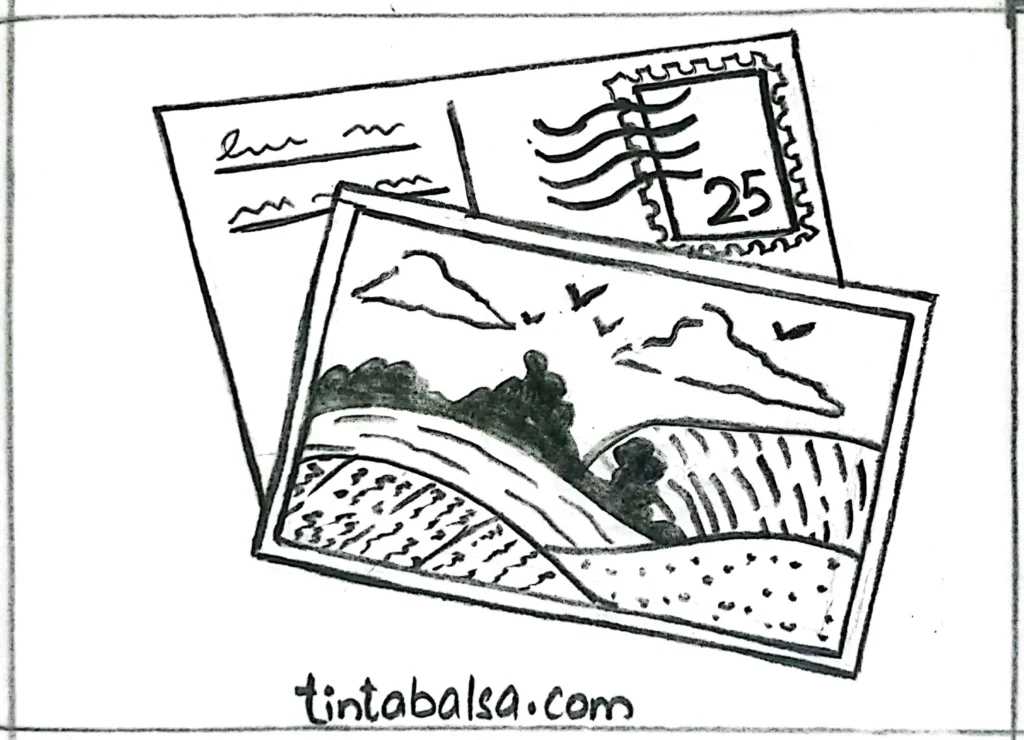 Drawing of a holiday postcard featuring a scenic landscape like Provence or Egypt, with simple rectangular frames and travel-inspired details.