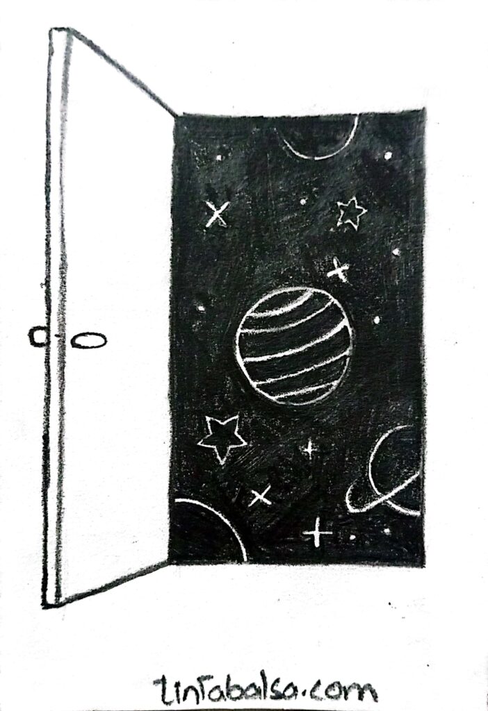 A pencil drawing of an open door with a fantastical scene beyond, such as a starry sky or a vast desert, inviting exploration.