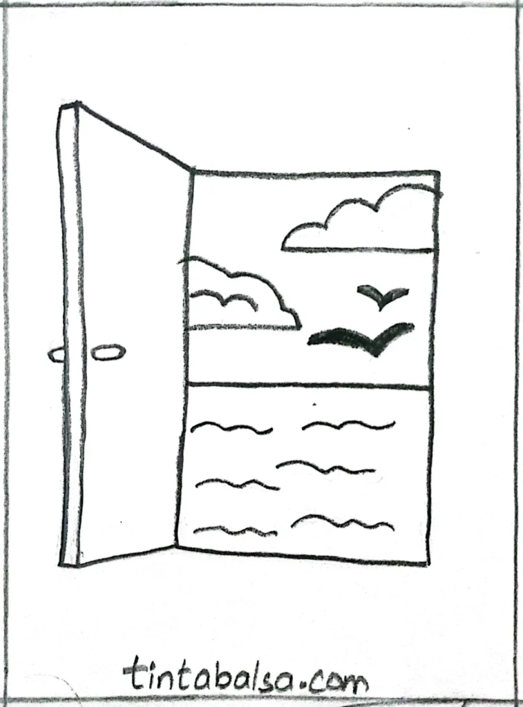 Illustration of a door opening to a beautiful beach or mountain view, inviting a glimpse into summer dreams.