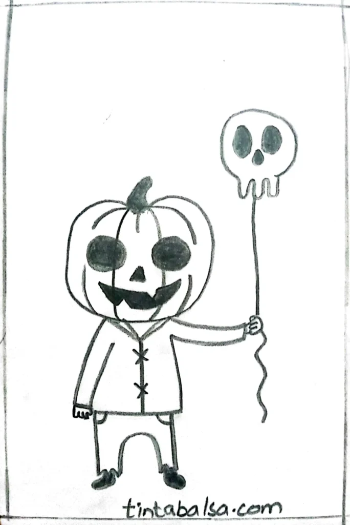 A child with a pumpkin head, showcasing a classic Halloween look with black eyes and a simple face.