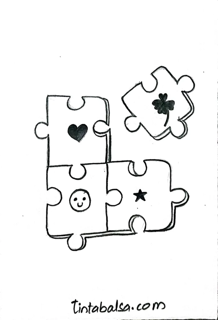 A puzzle drawing with one piece intentionally not fitting, symbolising individuality and freedom in a thoughtful aesthetic sketch.
