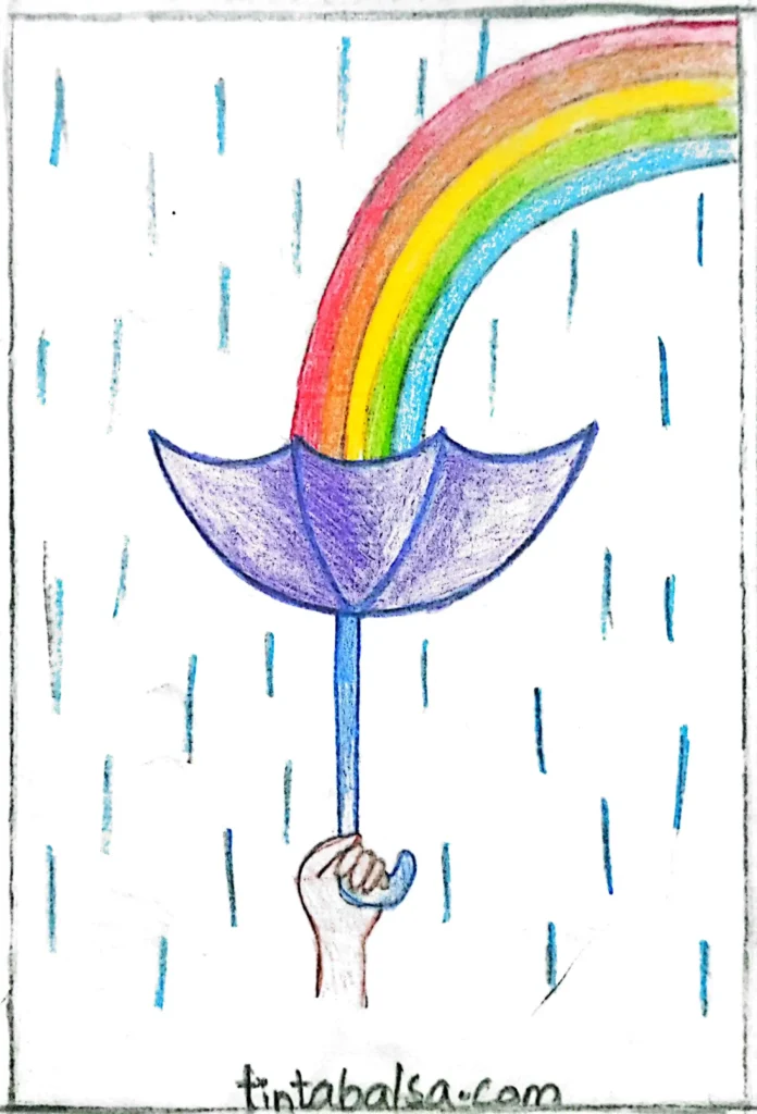 A colourful rainbow blending seamlessly from red to violet, arching over a vibrant umbrella in a drawing.