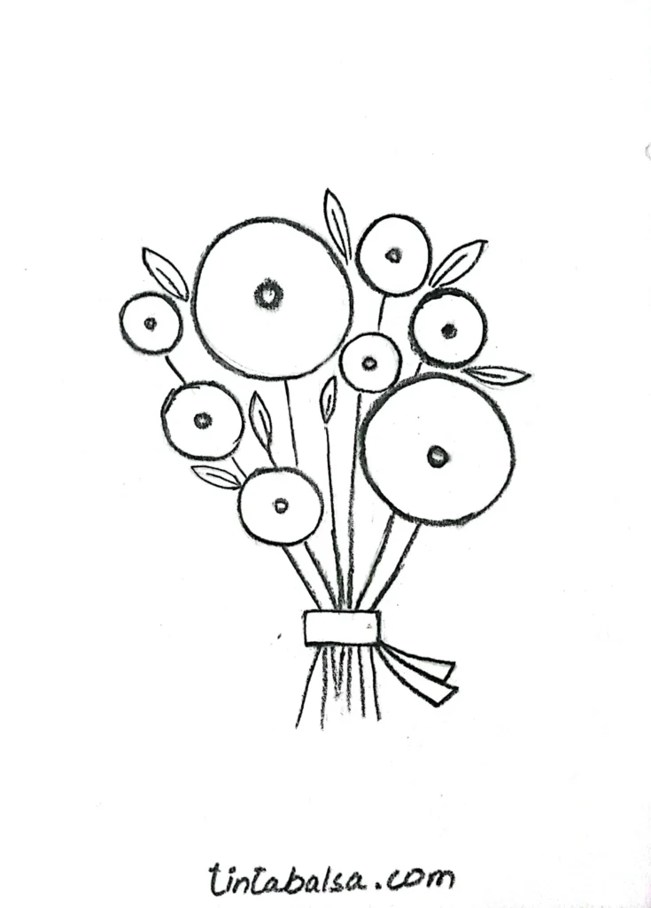 A cluster of different flowers drawn together with detailed petals, stems, and leaves forming a vibrant bouquet.