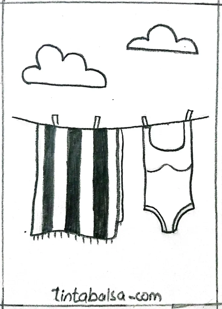 Sketch of a clothesline with t-shirts, socks, swimsuits, and towels, decorated with cheerful summer colours and patterns.