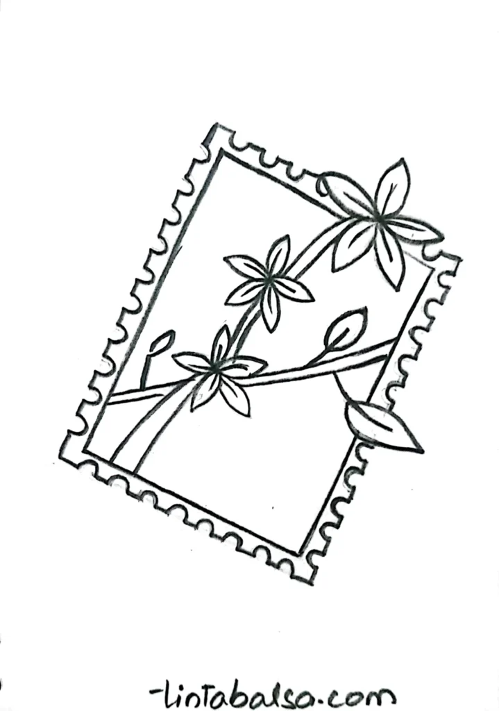 A page filled with sketched postage stamps, each featuring minimalist designs and evocative scenes, blending simplicity with creative expression.