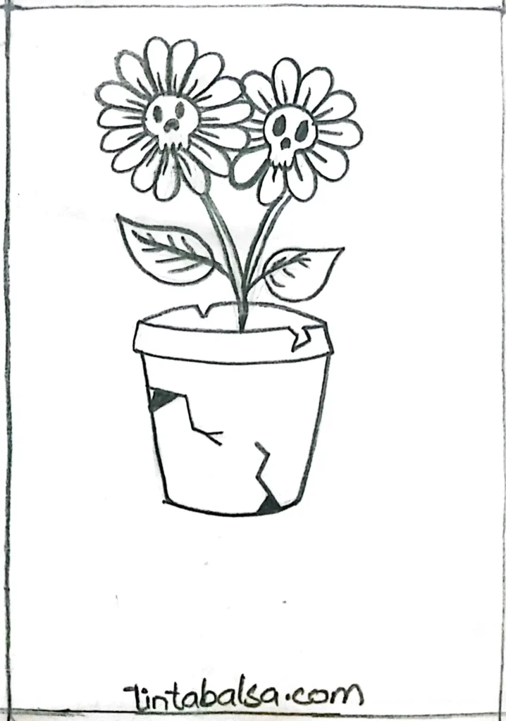 Flowers with skull centres, blending beauty and a macabre touch in a unique drawing.