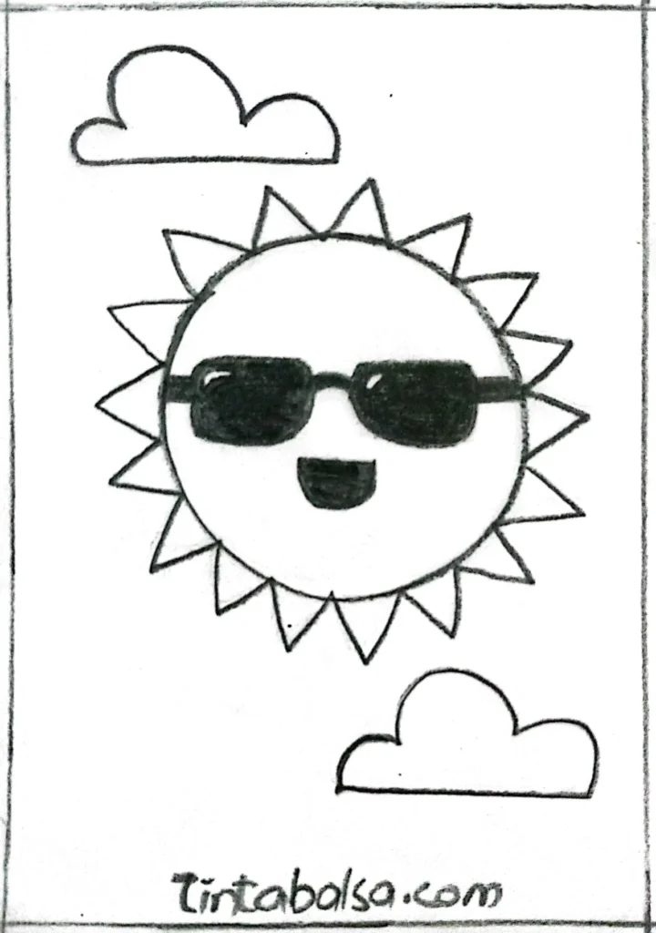 Drawing of a bright sun with a big smile and sunglasses, radiating a fun and vibrant summer feel.