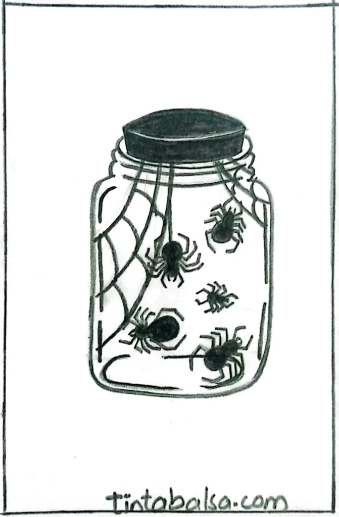 A jar packed with spiders, detailed to create a chilling and creepy effect.