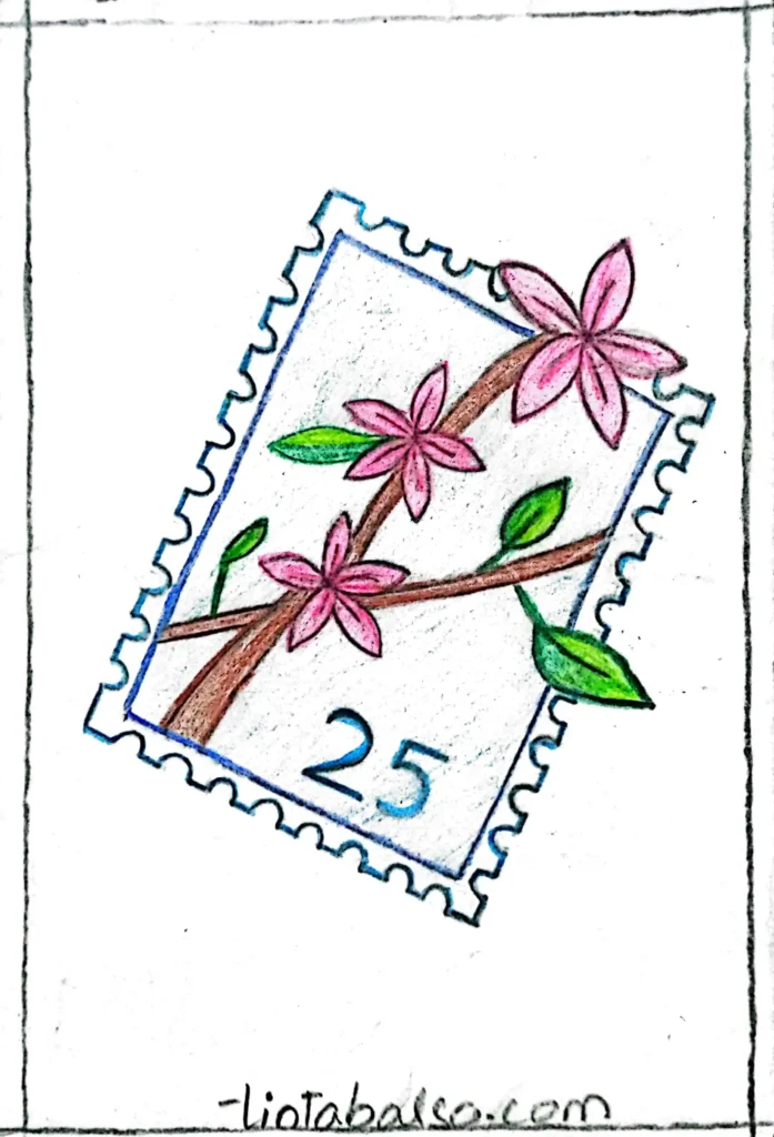 A page filled with sketched postage stamps, each featuring minimalist designs and evocative scenes, blending simplicity with creative expression.