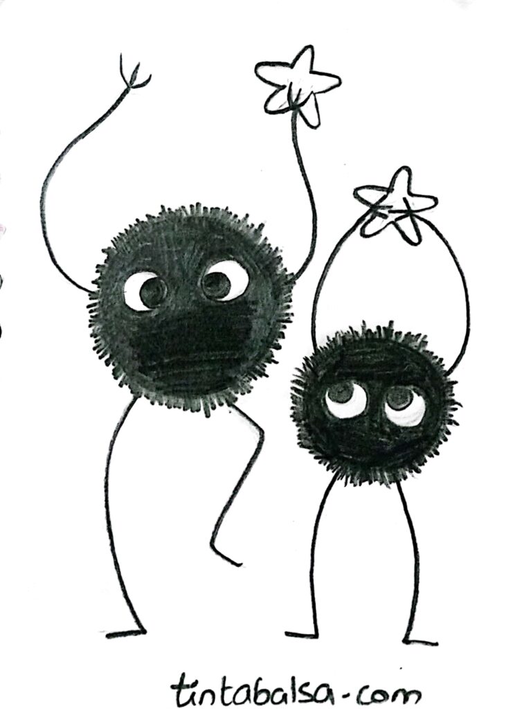 Playful black soot sprites with bright eyes and quirky expressions, inspired by the magical creatures from Spirited Away, drawn with soft lines and imaginative details.